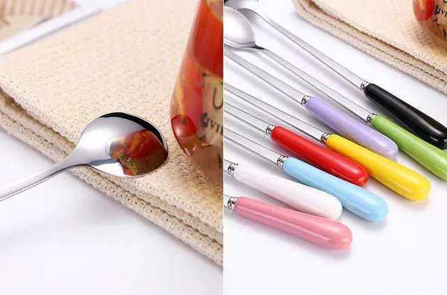 Alt view image 4 of 7 - Mixing Spoons Set of 8, Stainless Steel Iced Teaspoons with Ceramic Handle 7.6-Inch Long Soup Tablespoons Espresso Coffee Spoons Candy-Colored, Mixed Color