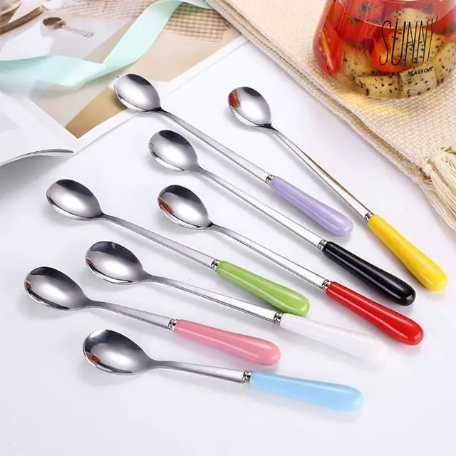 Alt view image 5 of 7 - Mixing Spoons Set of 8, Stainless Steel Iced Teaspoons with Ceramic Handle 7.6-Inch Long Soup Tablespoons Espresso Coffee Spoons Candy-Colored, Mixed Color