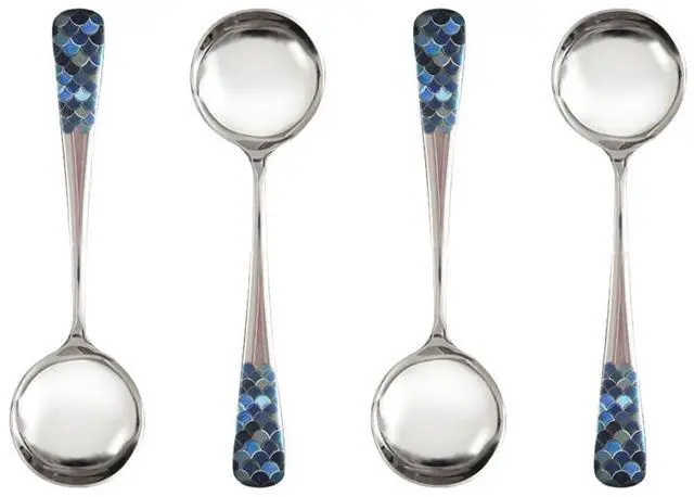 Main image of Stainless Steel Coffee Round Spoon,Korean Dessert Spoon,Fish Scale Pattern Mixed Color Tea Spoons for Home, Kitchen or Restaurant, Set of 4 Coffee Spoons, 6 Inches.
