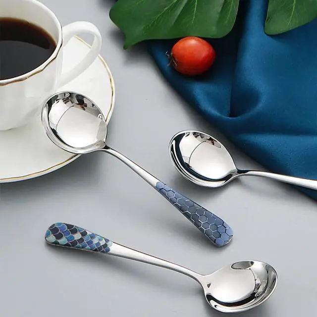 Alt view image 4 of 6 - Stainless Steel Coffee Round Spoon,Korean Dessert Spoon,Fish Scale Pattern Mixed Color Tea Spoons for Home, Kitchen or Restaurant, Set of 4 Coffee Spoons, 6 Inches.