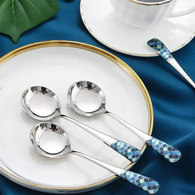 Alt view image 5 of 6 - Stainless Steel Coffee Round Spoon,Korean Dessert Spoon,Fish Scale Pattern Mixed Color Tea Spoons for Home, Kitchen or Restaurant, Set of 4 Coffee Spoons, 6 Inches.