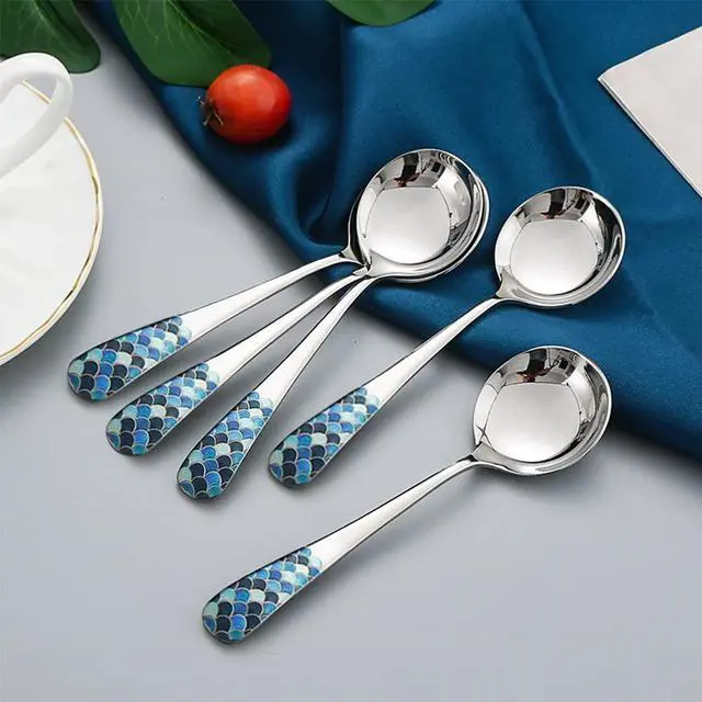 Alt view image 6 of 6 - Stainless Steel Coffee Round Spoon,Korean Dessert Spoon,Fish Scale Pattern Mixed Color Tea Spoons for Home, Kitchen or Restaurant, Set of 4 Coffee Spoons, 6 Inches.