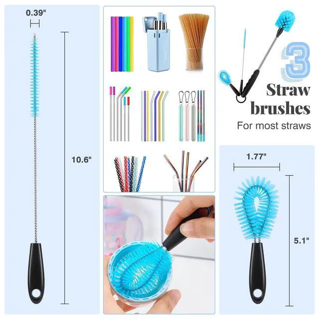 Alt view image 3 of 7 - Water Bottle Brush Set, Long Handle 3-in-1 Stainless Steel Water Bottle Scrubbing Brush, Cleaning for Narrow Neck Bottles, Sport Bottles, Baby Bottles, Coffee Mugs, Tumblers, Flask