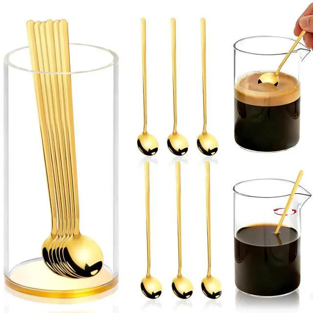 Main image of 6 Pcs 6.7 Inches Coffee Spoons with Gold Base Holder Tea Spoons Long Handle Espresso Spoons Gold Coffee Stir Spoons Set Ice Tea Spoons Bulk Dessert Spoons Stainless Steel for Coffee Bar Tea party