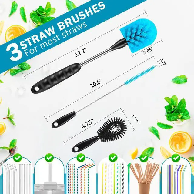 Alt view image 2 of 7 - 12.2 inch Bottle Brush Set of ThreeWashable Coffee Cups, Water Bottles, Baby Bottles, Straws, to-go Cups, Long-Handled 3-in-1 Stainless Steel Bottle Brushes. (Black)