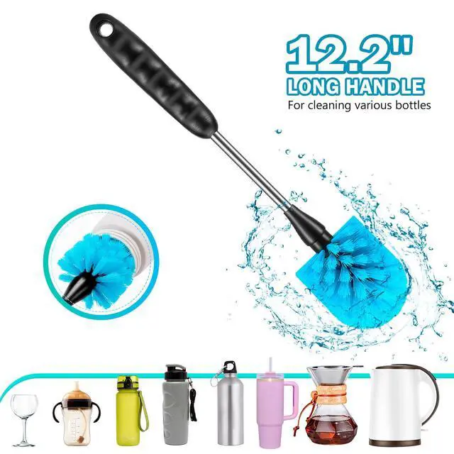 Alt view image 3 of 7 - 12.2 inch Bottle Brush Set of ThreeWashable Coffee Cups, Water Bottles, Baby Bottles, Straws, to-go Cups, Long-Handled 3-in-1 Stainless Steel Bottle Brushes. (Black)
