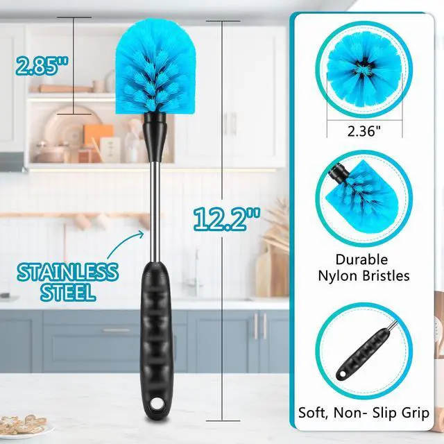 Alt view image 4 of 7 - 12.2 inch Bottle Brush Set of ThreeWashable Coffee Cups, Water Bottles, Baby Bottles, Straws, to-go Cups, Long-Handled 3-in-1 Stainless Steel Bottle Brushes. (Black)