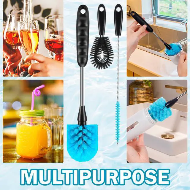 Alt view image 7 of 7 - 12.2 inch Bottle Brush Set of ThreeWashable Coffee Cups, Water Bottles, Baby Bottles, Straws, to-go Cups, Long-Handled 3-in-1 Stainless Steel Bottle Brushes. (Black)