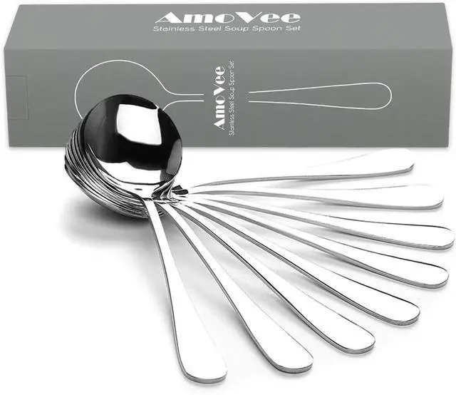 Alt view image 2 of 7 - Soup Spoons, Wholesale Spoons Silverware, Round Stainless Steel Spoon Set of 8