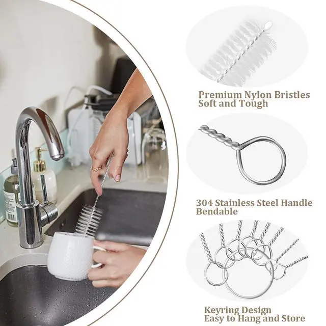 Alt view image 5 of 6 - 8 Pcs Bottle and Straw Cleaner, Long Deep Nylon Brush with Bendable Stainless Steel Flexible Handles for Bottles, Straws, Pipes, Wine Decanter, Sinks and Cup Cover