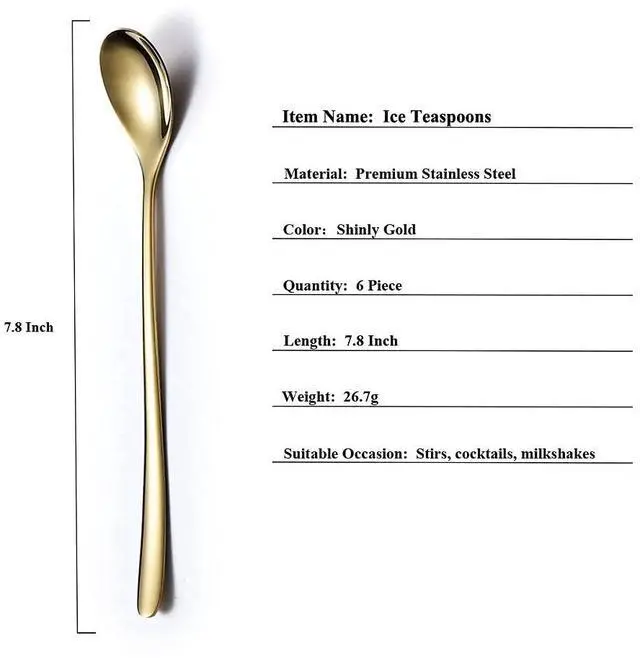 Alt view image 2 of 7 - Gold Long Handle Coffee Spoons, Premium Stainless Steel Stirrers for Ice Tea, Ice Cream, Cocktails - Set of 6