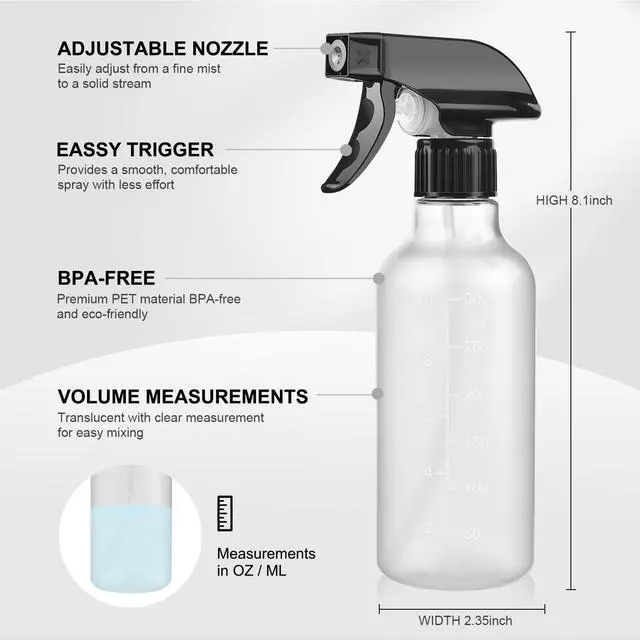 Alt view image 5 of 7 - Empty Spray Bottles 2 Pack 10 Oz, Mist & Stream, Heavy Duty Spraying