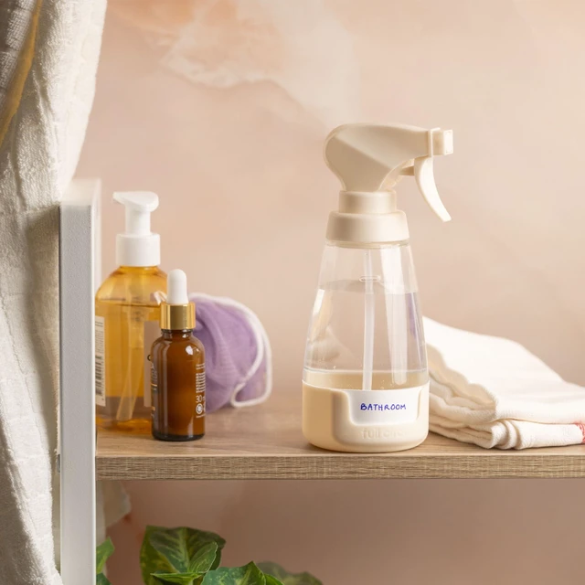 Alt view image 7 of 7 - Cleaning Solution 10 Oz Glass Spray Bottle with Dual-Mode Nozzle (Spray + Mist), Recycled Plastic, Integrated Labels, Non-Slip Silicone Base, Refillable & Customizable, 1 Count