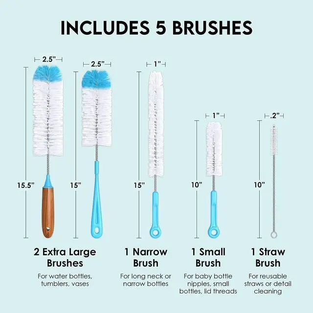 Alt view image 3 of 7 - Bottle Brush Cleaner Pack - Set of 5 Bottle Brushes for Cleaning Baby Bottles, Water Bottles, Tumblers, Wine Decanters, Flask, Bong, Vase Cleaner - One Straw Cleaner Brush