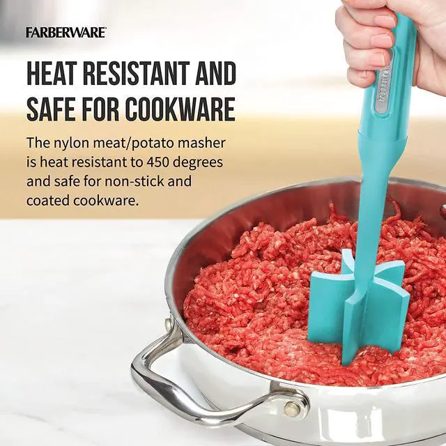 Alt view image 5 of 7 - Heat Resistant Nylon Meat and Potato Masher, Safe for Non-Stick Cookware, Aqua Sky