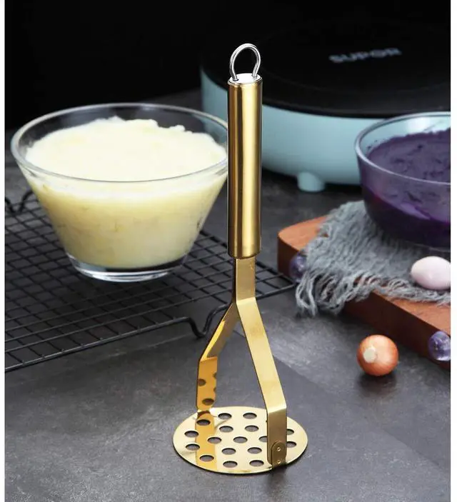 Alt view image 2 of 7 - Potato Masher, Heavy Duty Stainless Steel Gold Potato Ricer With Titanium Plating, Kitchen Vegetable Fruit Masher (Gold)