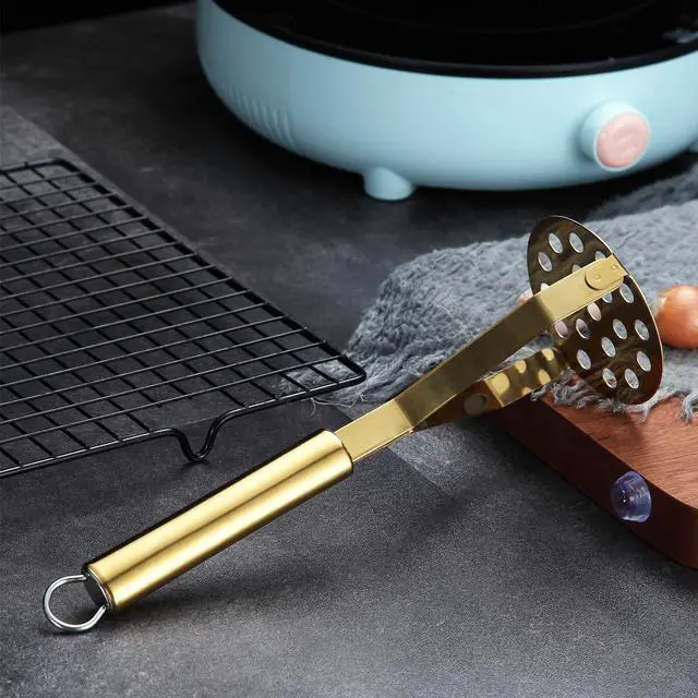 Alt view image 3 of 7 - Potato Masher, Heavy Duty Stainless Steel Gold Potato Ricer With Titanium Plating, Kitchen Vegetable Fruit Masher (Gold)