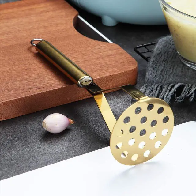 Alt view image 4 of 7 - Potato Masher, Heavy Duty Stainless Steel Gold Potato Ricer With Titanium Plating, Kitchen Vegetable Fruit Masher (Gold)