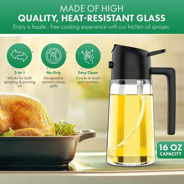 Alt view image 2 of 7 - Oil Sprayer and Dispenser 2-in-1, 16oz/470ml Glass Bottle with Flip Cap, Oil Mister for Cooking, Air Fryer, Grilling, Salad, Frying, BBQ, Black