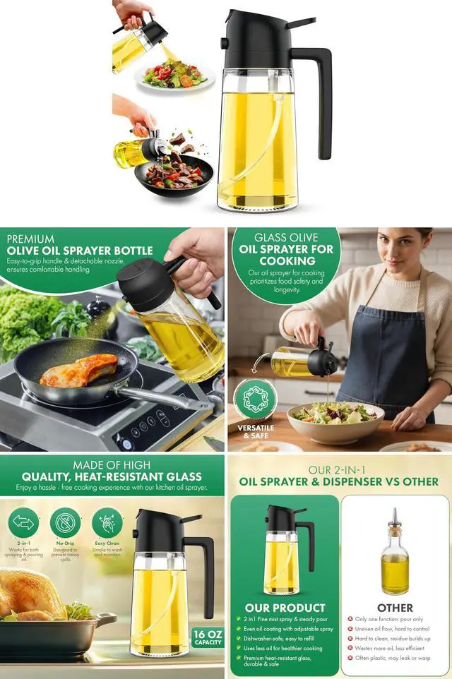 Alt view image 5 of 7 - Oil Sprayer and Dispenser 2-in-1, 16oz/470ml Glass Bottle with Flip Cap, Oil Mister for Cooking, Air Fryer, Grilling, Salad, Frying, BBQ, Black