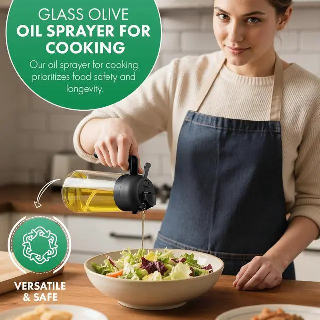 Alt view image 3 of 7 - Oil Sprayer and Dispenser 2-in-1, 16oz/470ml Glass Bottle with Flip Cap, Oil Mister for Cooking, Air Fryer, Grilling, Salad, Frying, BBQ, Black