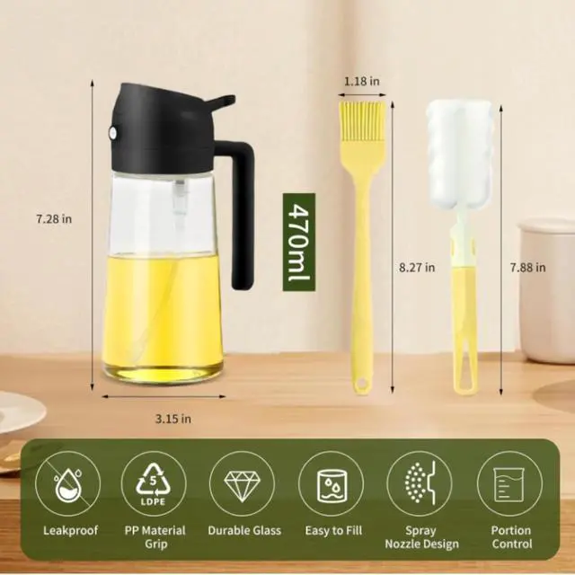 Alt view image 7 of 7 - Oil Sprayer and Dispenser 2-in-1, 16oz/470ml Glass Bottle with Flip Cap, Oil Mister for Cooking, Air Fryer, Grilling, Salad, Frying, BBQ, Black