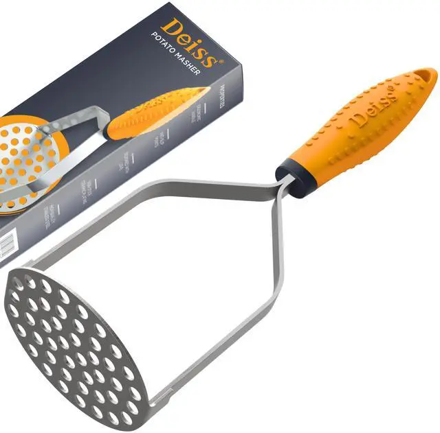 Main image of PRO Heavy Duty Stainless Steel Potato Masher with Non-Slip Rubber Handle Hand Held Mash Maker for Struggle-Free Mashing Dishwasher Safe Vegetable and Fruit Masher