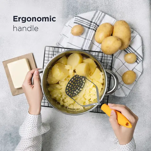 Alt view image 5 of 7 - PRO Heavy Duty Stainless Steel Potato Masher with Non-Slip Rubber Handle Hand Held Mash Maker for Struggle-Free Mashing Dishwasher Safe Vegetable and Fruit Masher