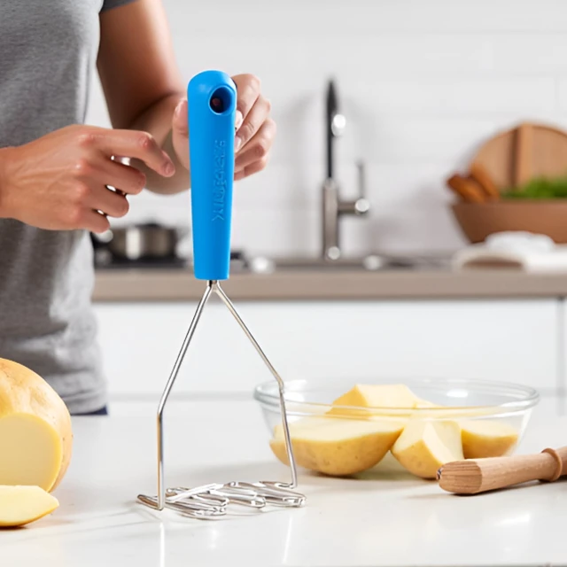 Alt view image 3 of 7 - Large Stainless Steel Potato Masher with Soft Grip Handle Heavy Duty Vegetable, Bean & Avocado Masher for Smooth & Creamy Mashes Dishwasher Safe (Lagoon Blue)