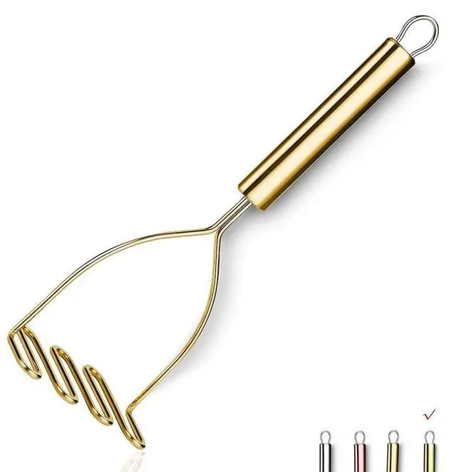 Main image of Gold Potato Masher, Stainless Steel Heavy Duty Metal Potato Ricer With Titanium Golden Plating, Food Masher Utensil, Hand Masher, Vegetables Fruits Mashe, Dishwasher Safe (9.6 Inch)
