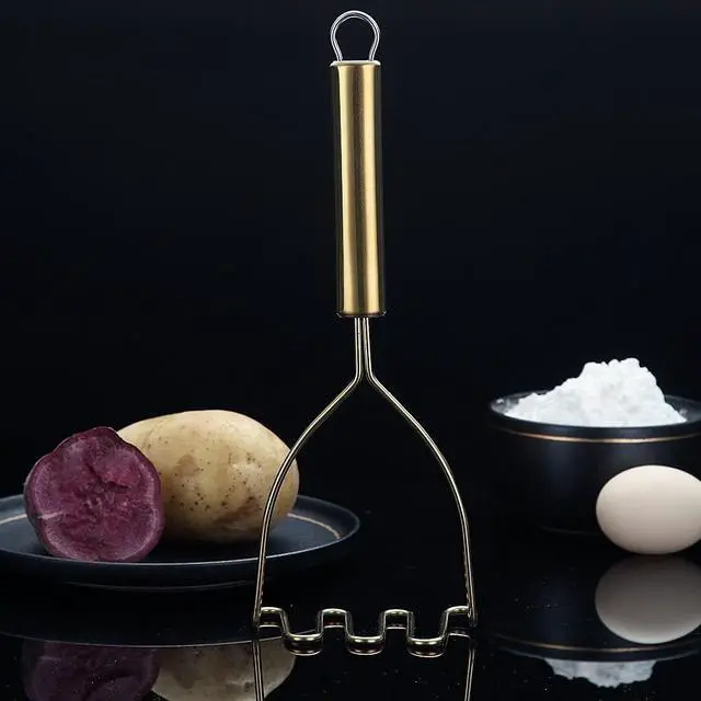 Alt view image 2 of 7 - Gold Potato Masher, Stainless Steel Heavy Duty Metal Potato Ricer With Titanium Golden Plating, Food Masher Utensil, Hand Masher, Vegetables Fruits Mashe, Dishwasher Safe (9.6 Inch)