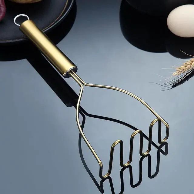 Alt view image 3 of 7 - Gold Potato Masher, Stainless Steel Heavy Duty Metal Potato Ricer With Titanium Golden Plating, Food Masher Utensil, Hand Masher, Vegetables Fruits Mashe, Dishwasher Safe (9.6 Inch)
