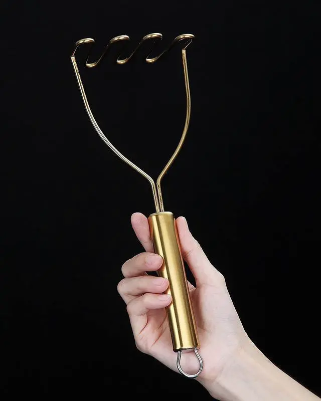 Alt view image 4 of 7 - Gold Potato Masher, Stainless Steel Heavy Duty Metal Potato Ricer With Titanium Golden Plating, Food Masher Utensil, Hand Masher, Vegetables Fruits Mashe, Dishwasher Safe (9.6 Inch)