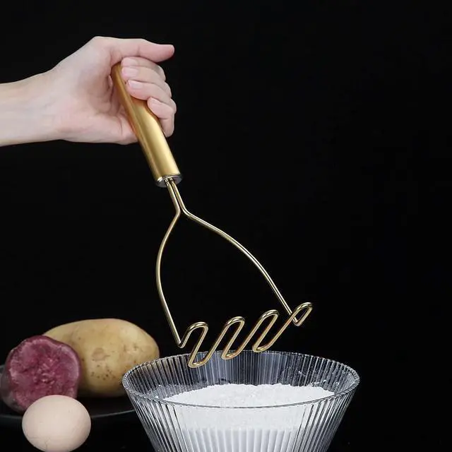 Alt view image 5 of 7 - Gold Potato Masher, Stainless Steel Heavy Duty Metal Potato Ricer With Titanium Golden Plating, Food Masher Utensil, Hand Masher, Vegetables Fruits Mashe, Dishwasher Safe (9.6 Inch)