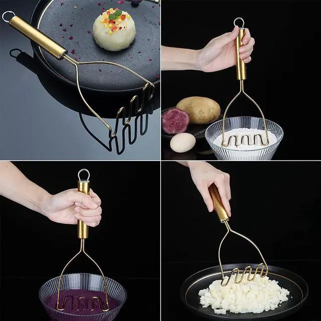Alt view image 6 of 7 - Gold Potato Masher, Stainless Steel Heavy Duty Metal Potato Ricer With Titanium Golden Plating, Food Masher Utensil, Hand Masher, Vegetables Fruits Mashe, Dishwasher Safe (9.6 Inch)