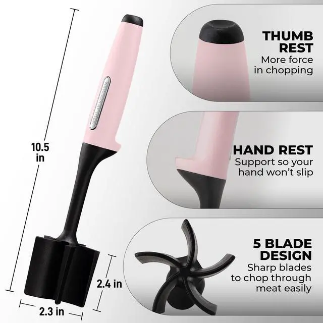 Alt view image 2 of 7 - Ground Beef Chopper Tool 5-Blade Nylon Meat Chopper for Ground Beef, Non-Toxic Food Safe Meat Masher & Breaker, Heat Resistant to 180°C, Dishwasher Safe Light Pink