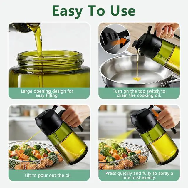 Alt view image 4 of 7 - Olive Oil Sprayer & Dispenser Bottle for Cooking, Air Fryer, BBQ, and Salad 2-in-1 Oil Mister Kitchen Accessory (Black)