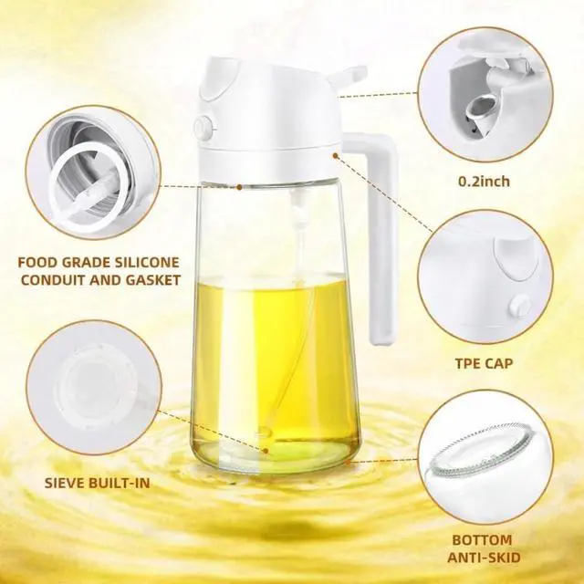Alt view image 3 of 5 - 2-in-1 Oil Sprayer and Oiler Bottle, Glass with Food Grade Silicone, for Cooking, Salad, and BBQ - By KitchenLife Co (White)