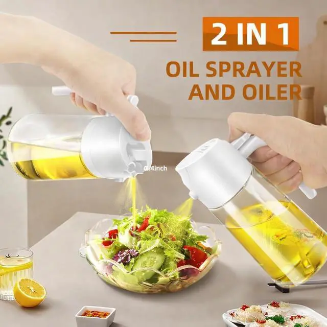 Alt view image 2 of 5 - 2-in-1 Oil Sprayer and Oiler Bottle, Glass with Food Grade Silicone, for Cooking, Salad, and BBQ - By KitchenLife Co (White)