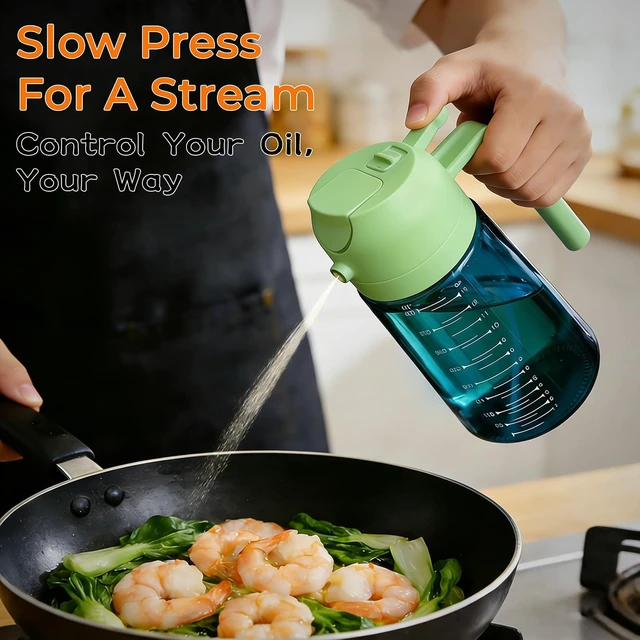 Alt view image 4 of 7 - Glass Olive Oil Sprayer for Cooking (16oz/470ml), 2 in 1 Olive Oil Dispenser Bottle for Kitchen Gadgets and Air Fryer Accessories, Salad, BBQ - 1-Pack, Blue Green