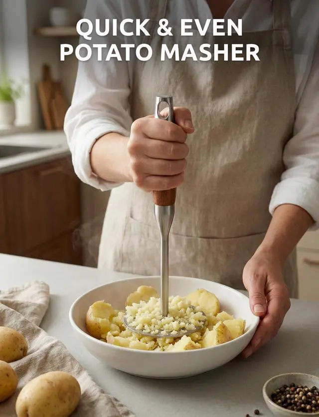 Alt view image 2 of 7 - Potato Masher, Stainless Steel Masher Tool with Wood Handle