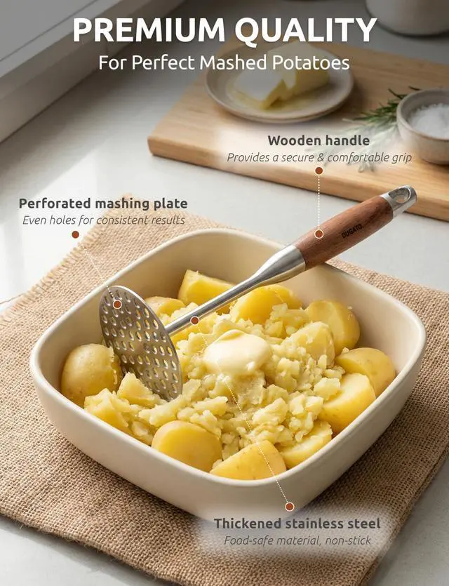 Alt view image 3 of 7 - Potato Masher, Stainless Steel Masher Tool with Wood Handle