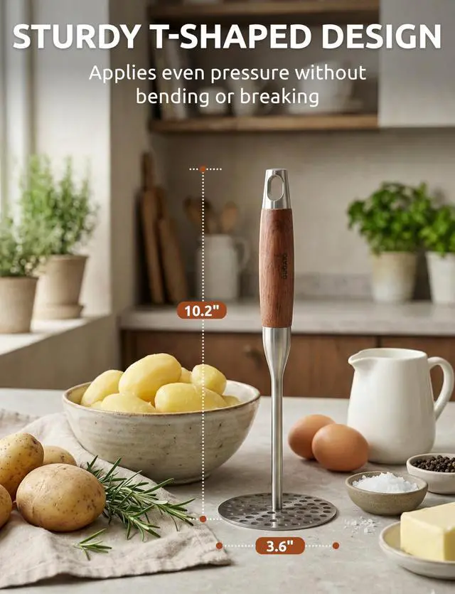 Alt view image 4 of 7 - Potato Masher, Stainless Steel Masher Tool with Wood Handle