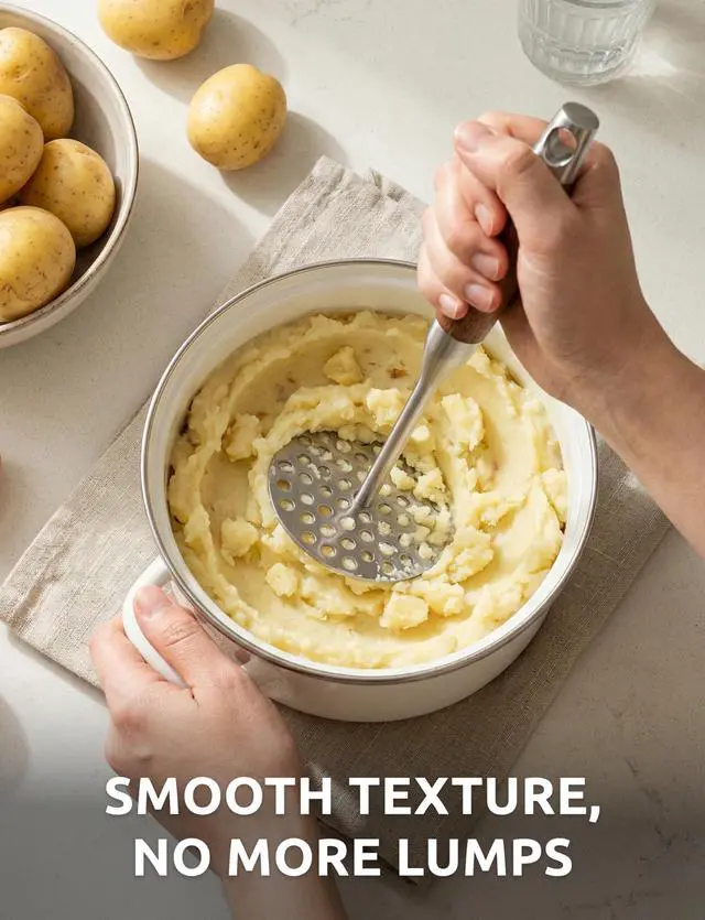 Alt view image 6 of 7 - Potato Masher, Stainless Steel Masher Tool with Wood Handle