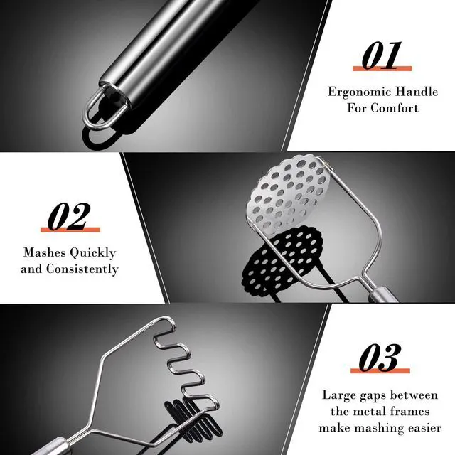 Alt view image 3 of 6 - Potato Masher, Sopito 2 Pack Stainless Steel Integrated Kitchen Tool Food Masher for Potatoes, Vegetables, Berries, Fruits, Avocado