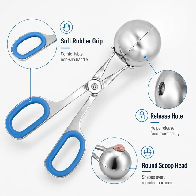 Alt view image 3 of 6 - Meat Baller Tongs, 2-Pack Stainless Steel Meatball Maker with Detachable Anti-Slip Handles Non-Stick Food Scoop for Meatballs, Cake Pops, Cookie Dough, Ice Cream, and BBQ (1.38" & 1.78")