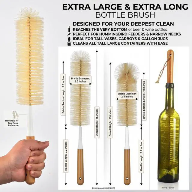 Alt view image 2 of 7 - Extra Large Long Bottle Brush Set - 16" / 15" Long Bamboo Handle Bottle Cleaner for Narrow Neck Beer Wine Bottles, Decanter, Tumblers, Thermos, Jugs with Straw Brush, Kettle Spout/Lid Brush