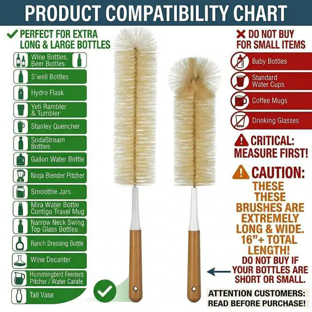 Alt view image 3 of 7 - Extra Large Long Bottle Brush Set - 16" / 15" Long Bamboo Handle Bottle Cleaner for Narrow Neck Beer Wine Bottles, Decanter, Tumblers, Thermos, Jugs with Straw Brush, Kettle Spout/Lid Brush