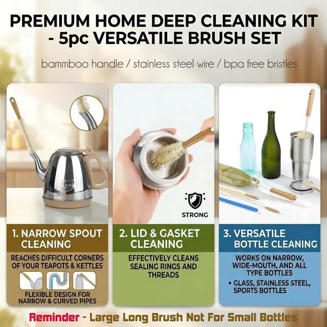 Alt view image 7 of 7 - Extra Large Long Bottle Brush Set - 16" / 15" Long Bamboo Handle Bottle Cleaner for Narrow Neck Beer Wine Bottles, Decanter, Tumblers, Thermos, Jugs with Straw Brush, Kettle Spout/Lid Brush