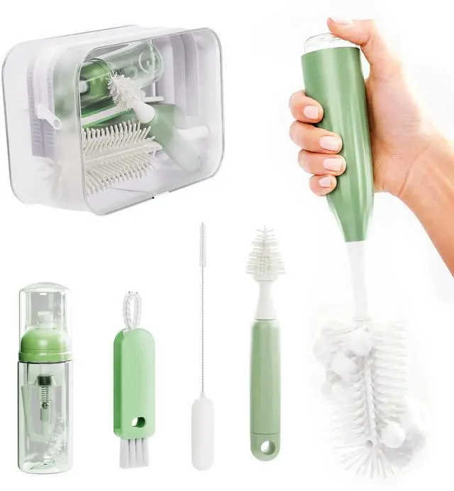 Main image of Bottle Cleaning Kit, 5-in-1 Push-Press Bottle Brush Set with Silicone Brushes